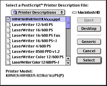 6.2 Mac OS 9.2 6 4 Click the applicable PPD file, and then click [Select] (or [Open]). When the selected printer is registered in the [Chooser], the setting procedure is completed.