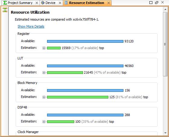 Step 3: Displaying Design Resources Statistics The Resource Estimation view shows resource utilization per level of design hierarchy. Figure 11: Resource Estimation View 3.