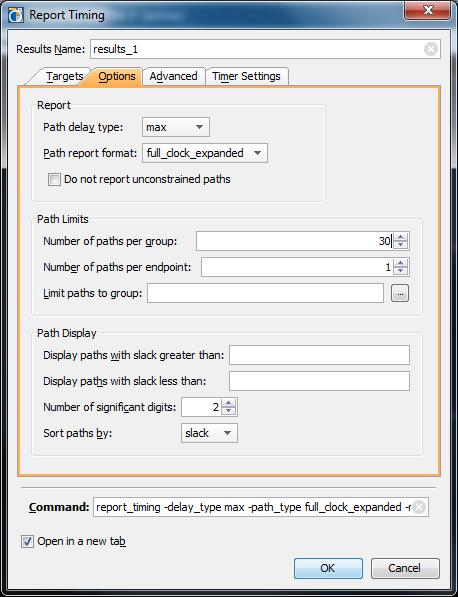 Step 5: Performing Timing Analysis Figure 21: Report Timing Options Tab 3. In the Number of paths per group field, type 30. 4. Click Advanced and Timer Settings, and inspect the tabs.