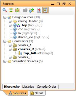 Step 6: Implementing the Design Figure 23: Sources View with Expanded contrs_2 When running the implementation tools, the PlanAhead software uses the active constraint file by default.