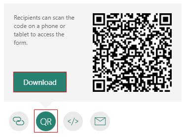 2. QR When selecting the QR sharing option, a QR code is generated. The QR code enable someone to scan the code with their smartphone or tablet to access the form.