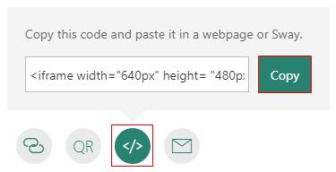 Embed The Embed sharing option generates an embed code that can be copied and pasted into a website. Click the Copy button to copy the generated embed code.