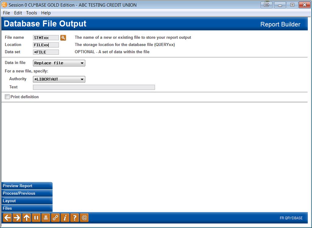 screen: 3. In the Output type field, enter 3 for Database file.