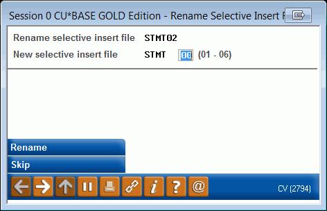 To change the name of database file so that it corresponds with a different insert line in the statement mailing instructions screen, select the record and select Rename.