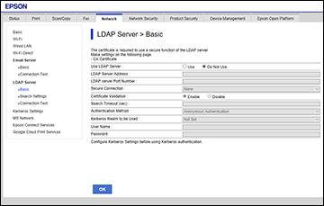 Configuring the LDAP Server and Selecting Search Settings You can configure the LDAP server and select search settings for it using Web Config. 1. Access Web Config and select the Network tab. 2.