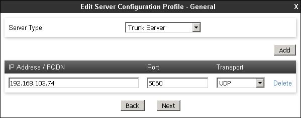 7.8.2. Server Configuration Profile Service Provider Similarly, to add the profile for the Trunk Server, click the Add button on the Server Configuration screen (not shown).