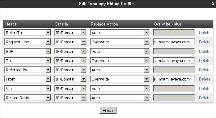 For the Request-Line, To and From headers, select Overwrite in the Replace Action column and enter the enterprise SIP domain sil.miami.avaya.