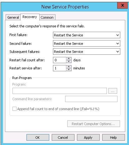 8. On the Recovery tab select the following parameters: First failure: Restart the
