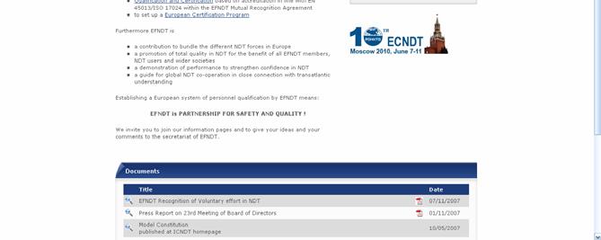 de Presentation of online information services provided by EFNDT on the website www.efndt.org: Fig. 1: EFNDT homepage 1.