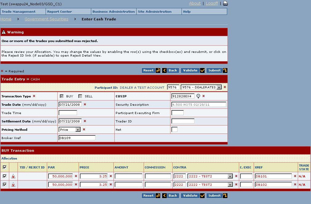 RTTM WFE FOR GSD USER GUIDE (V3.0) 5.4. Submission Results This is an illustration of the Dealer screen with Submission Results.