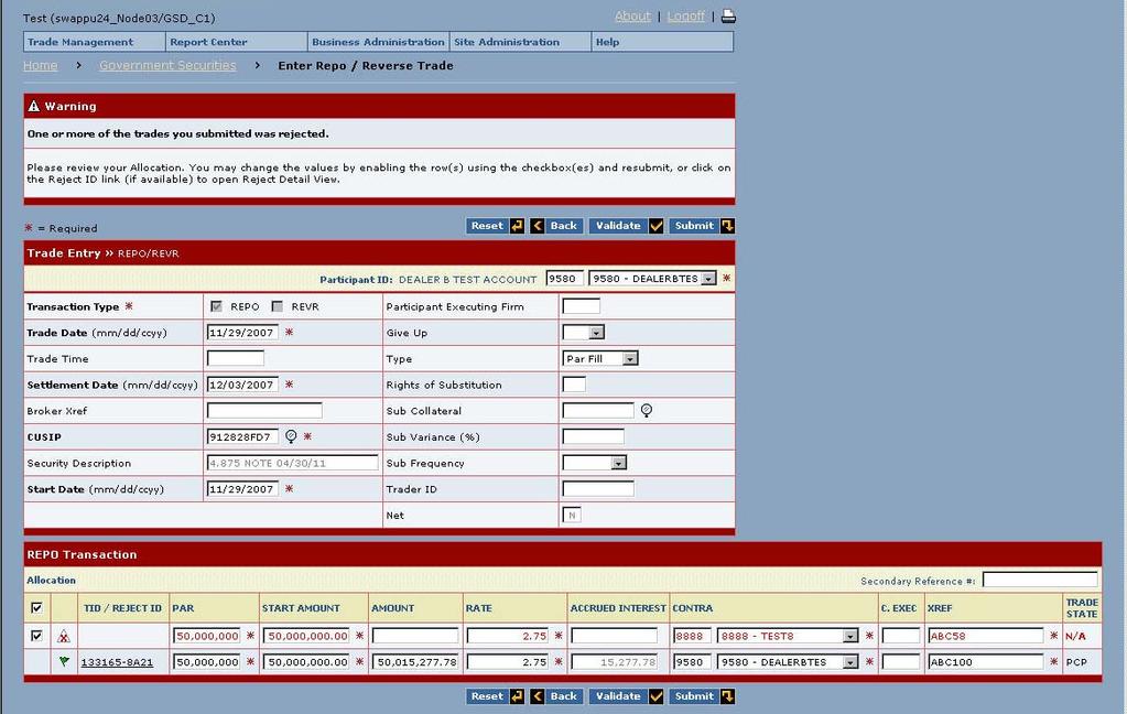 RTTM WFE FOR GSD USER GUIDE (V3.0) 6.4. Submission Results This is an illustration of the Dealer screen.