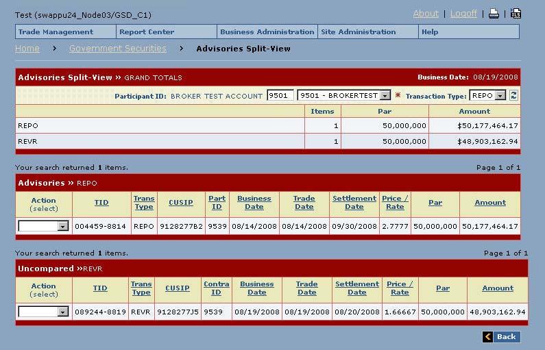 RTTM WFE FOR GSD USER GUIDE (V3.0) 7.2. Query Screen for Advisories Split-View The DVP Trade Query Screen for Advisories Split-View is used to specifically search for Advisories and Uncompared trades.