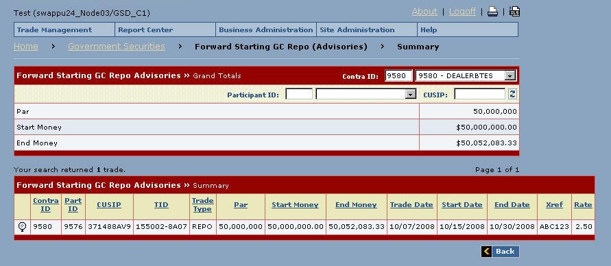 11.2. Forward Starting GC Repo Advisories Screen & Detail View 1 2a Refresh Button The Forward Starting GC Repo Advisories Summary screen reflects your starting Repo and Reverse transactions in which