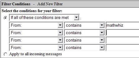 On the "Options: Message Filters" page, specify filter conditions and filter actions in the boxes provided (Figure 4). Figure 4 5. When finished, click the OK button.