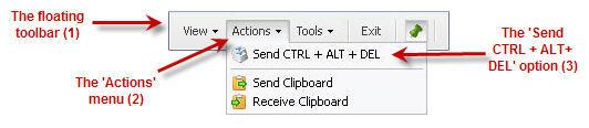 You can do this by choosing the 'Send CTRL + ALT + DEL option (3) from the 'Actions' menu (2) of the floating toolbar.