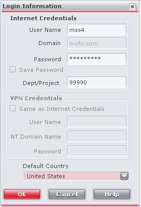 REMOTE ACCESS GUIDE PAGE 14 CONNE CT ING TO THE INT ERNET 1. Enter your MoFo network login User Name and Password. 2. If you wish, you may enter a client number in the Dept/Project field. 3.