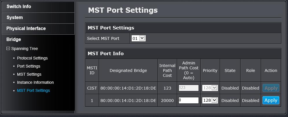View your Spanning Tree Protocol Instance Information (MSTP) Bridge > Spanning Tree > Instance Information Configure Spanning Tree Protocol MST Port Settings (MSTP) Bridge > Spanning Tree > MST