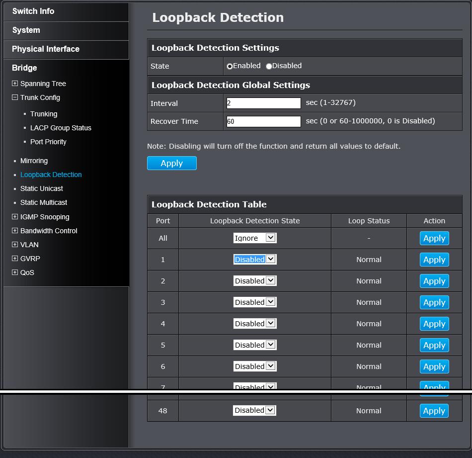 Loopback Detection Enable loopback detection Bridge > Loopback Detection The loopback detection feature allows the switch to detect and prevent disruption from loops that occur on uplink or downlink