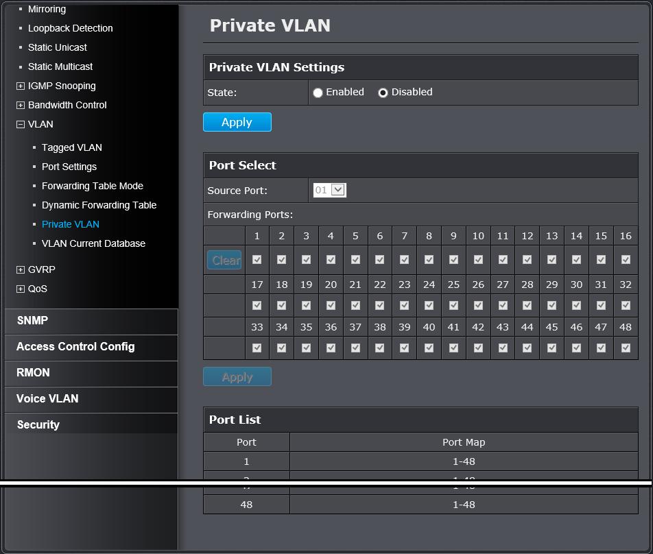 Create a private VLAN Bridge > VLAN > Private VLAN The private VLAN feature allows you to create a more secure VLAN that is completely isolated to its members and cannot communicate with other VLANs.