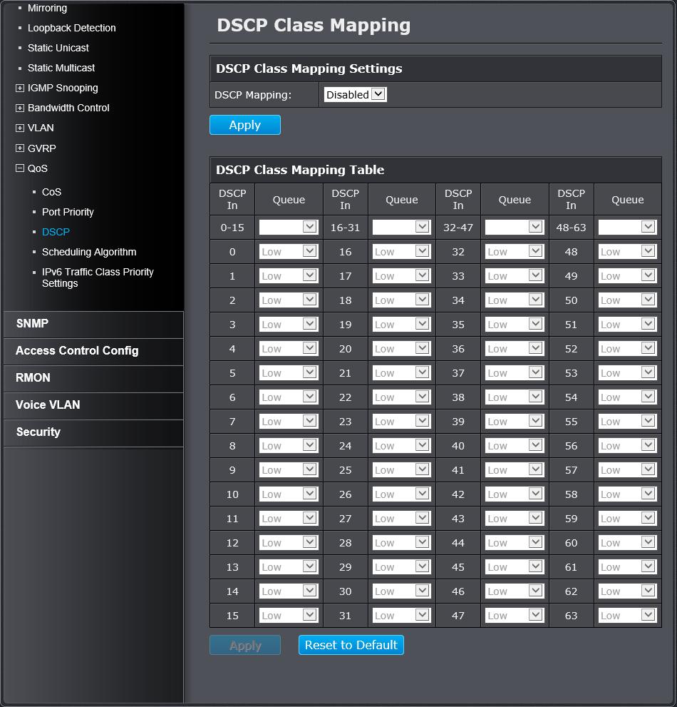 Set DSCP (Differentiated Services Code Point) Class Mapping settings Bridge > QoS > DSCP If you choose to use the DSCP tags in your Access Control policy configuration, each DSCP value (0-63) that is