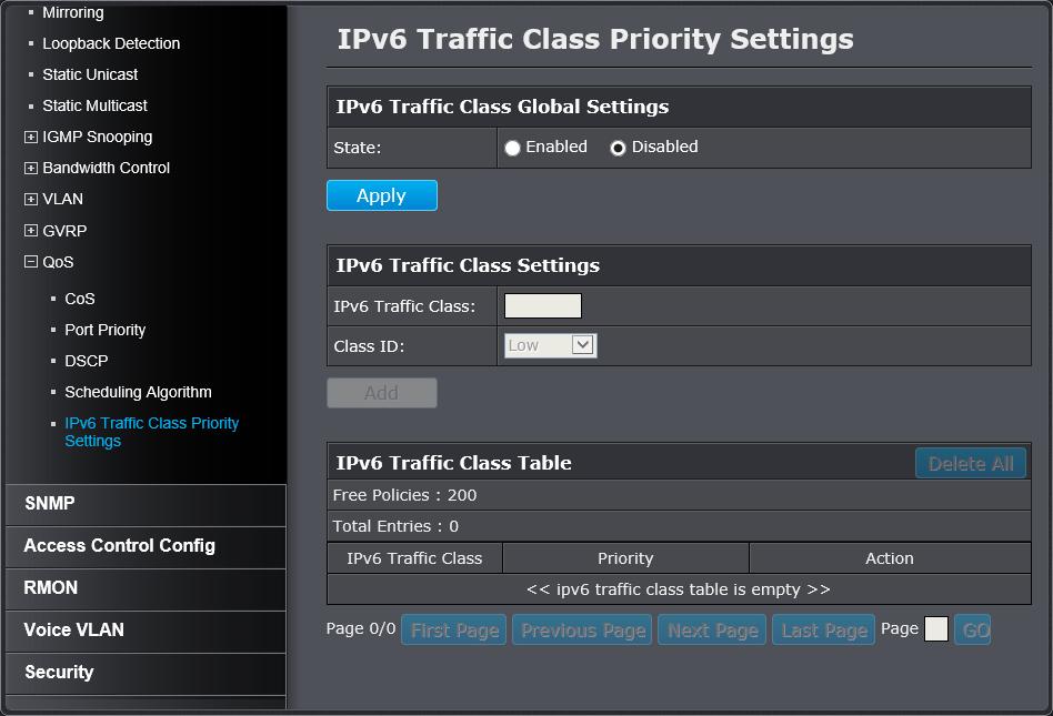 Configure the IPv6 Traffic Class Priority Settings Bridge > QoS > IPv6 Traffic Class Priority Settings On the IPv6Traffic Class Table, you can click Modify to modify an entry or click Delete or