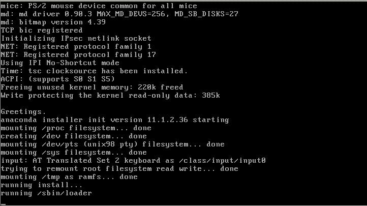 2.3.4 Starting up the Linux installation program The following steps are about the startup of Linux kernel. The following picture shows the execution of Linux kernel.