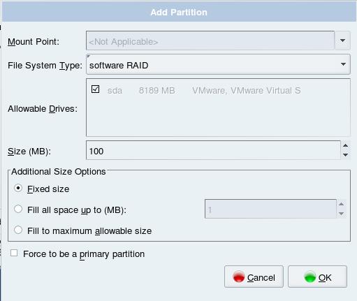 Add a new RAID partition A mount point cannot be entered here. Only when the RAID device is created, can the mount point be set for it. Select Software RAID from the File System Type drop down list.