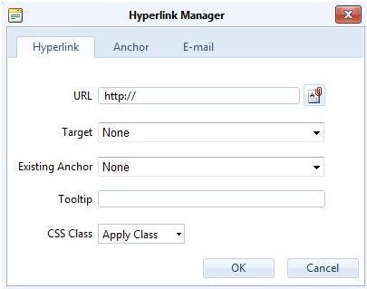 To insert a hyperlink you must first select the text you wish you be clickable, then open the Hyperlink Manager by clicking on the icon in the editor.