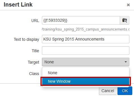 In the Target dropdown, select whether you wish to have the file open in the same page or in a new window.