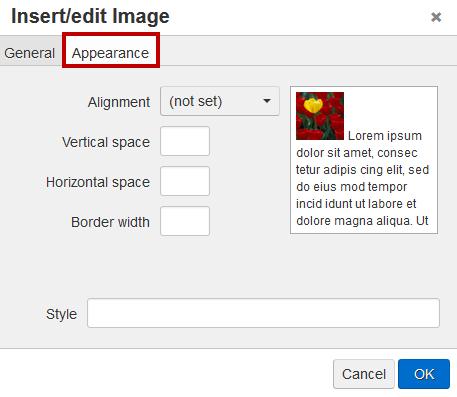 For other Appearance options for your image, use the Appearance tab (see Figure
