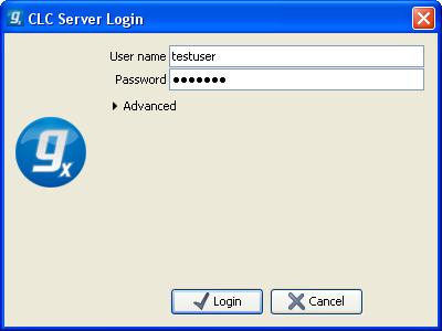CHAPTER 2. USING THE SERVER FROM A CLC WORKBENCH 7 Figure 2.1: Expand the login dialog by clicking Advanced. Figure 2.2: Specifying host and port.