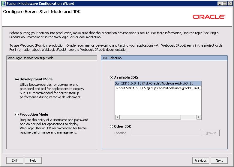 Select Development Mode under Web Logic Domain Startup Mode, Select Available JDKs in JDK selection and