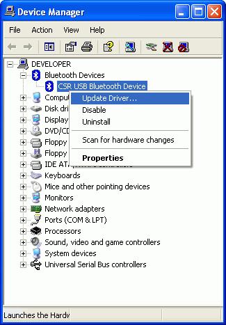 Step 1: In Device Manager, from Bluetooth Devices, right click CSR USB Bluetooth Device label, and then