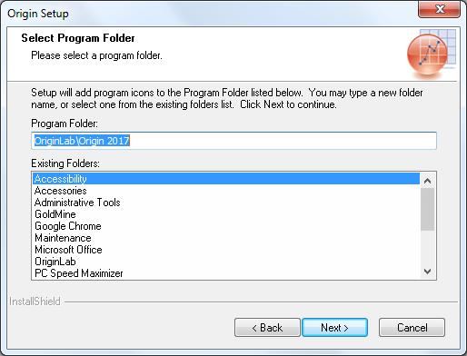 Select the Program Folder location. This is the folder in your Start menu. The default location is already displayed as: OriginLab\Origin 2017.