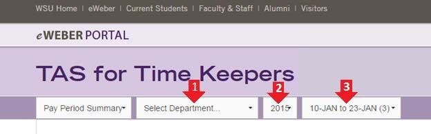 From there select the department, year, and the pay period from the drop down menus (shown respectively below by arrows 1, 2 and 3.