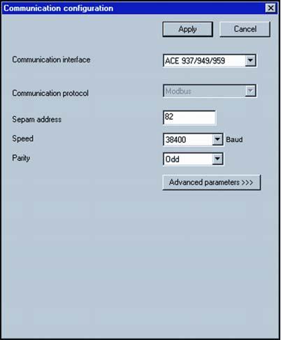 2 Check the COM1 or COM2 box as the communication port you want to configure 3 Click on the relevant button : The Communication configuration window appears.