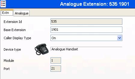 19. In the Manager window, go to the Configuration Tree, and in the Extension area select one of the analog phones which are available by default when Avaya IP Office Analog Expansion Unit is present.