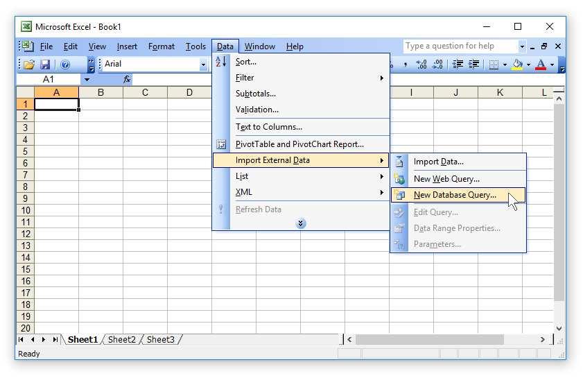 In order to import file system changes from an SQL database to Microsoft Excel, select the menu 'Data - Import External Data - New Database Query' menu item, select the ODBC data source to
