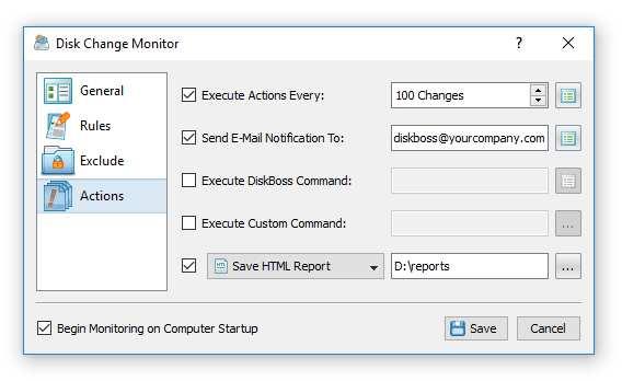 9 Disk Change Monitoring E-Mail Notifications DiskBoss provides the ability to send E-Mail notifications when a disk change monitoring operation detects a user-specified number of changes.