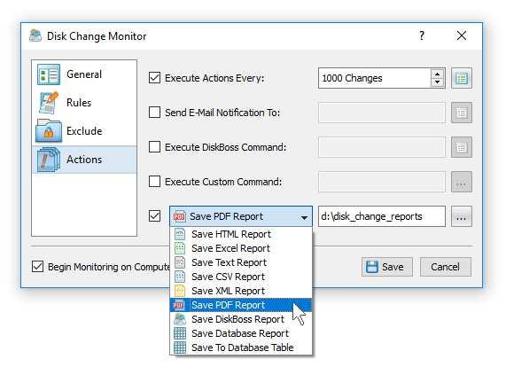 10 Automatic Generation Of Monitoring Reports In addition to E-Mail notifications, the user is provided with the ability to automatically save disk change monitoring reports in a user-specified