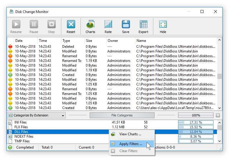 5 Filtering File System Changes The disk change monitor allows one to filter detected file system changes by the change type, file type, extension, file size, user name, etc.