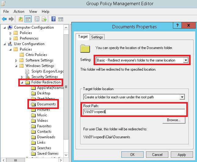 Figure 17. Configuring Windows Folder Redirection Mapped drives Create two mapped drive configurations, one for user files and one for user profiles.