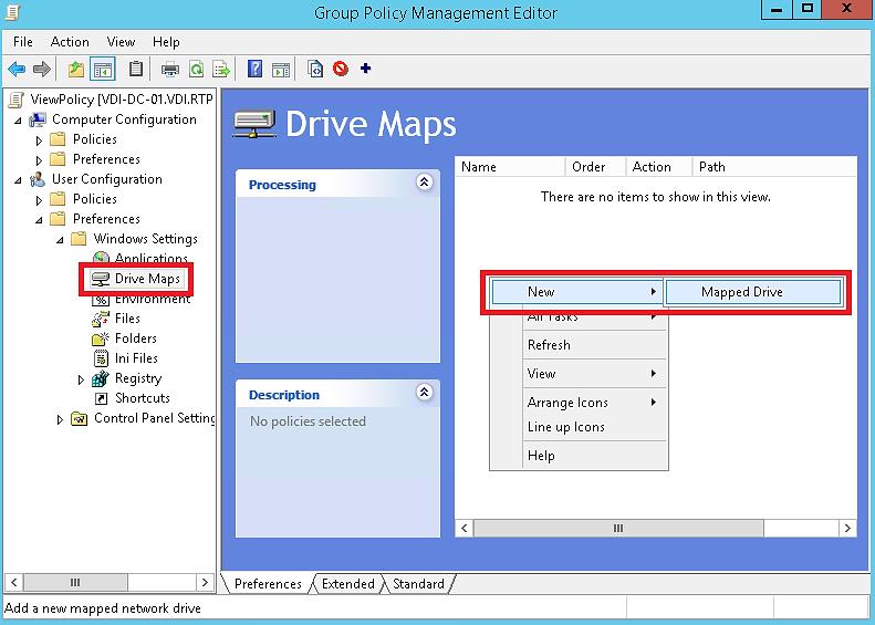 Figure 18. Opening the Mapped Drive Properties dialog box 4. To create the user files mapped drive, follow these steps, as shown in Figure 19: a. From the Action list, select Create. b. In Location, type \\cifs_server\folder\%username%.