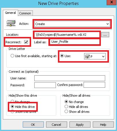 Figure 21. Creating a Windows network drive mapping for user profile data 8. Click OK. 9. Close the Group Policy Management Editor.