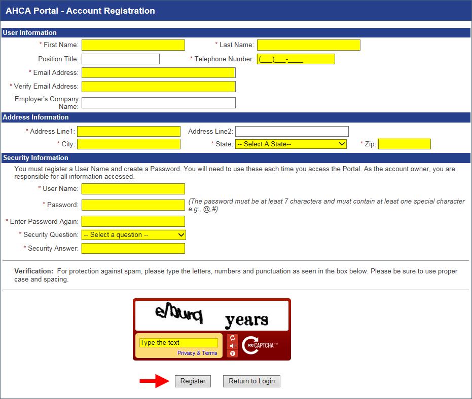 Enter all required information as indicated by the red asterisk (*) and select Register to continue.