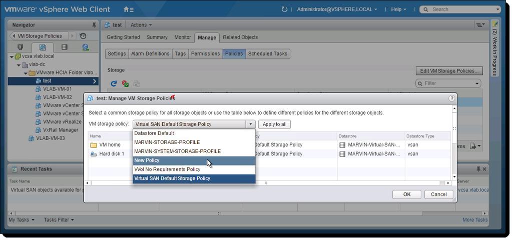 Figure 17. Manage VM - Edit VM Storage Policy While the new policy is being applied, the compliancy status may show as Noncompliant until the storage object is reconfigured to match the new policy.