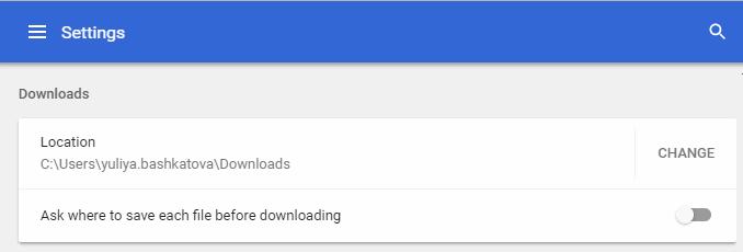To change the download location Click the menu button at the top-right Select 'Settings' > 'Advanced' Scroll to the 'Downloads' section Click 'Change' and select the location where you would like to