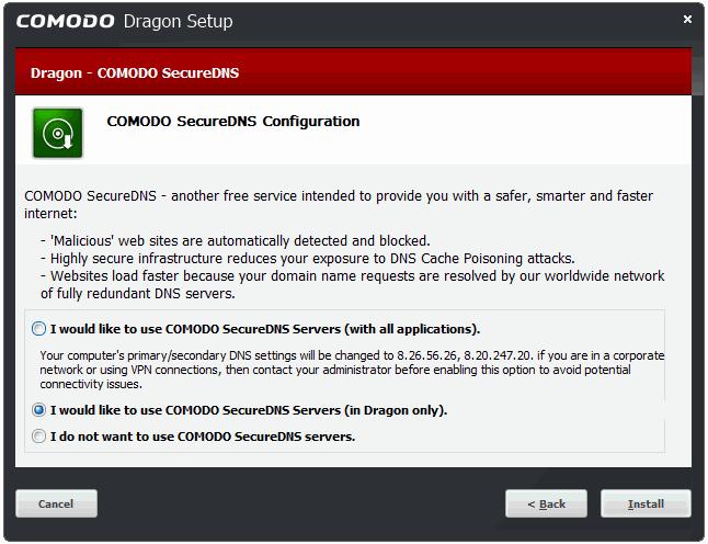 Comodo Secure DNS service replaces your existing Recursive DNS Servers and resolves all your requests exclusively through Comodo's servers.