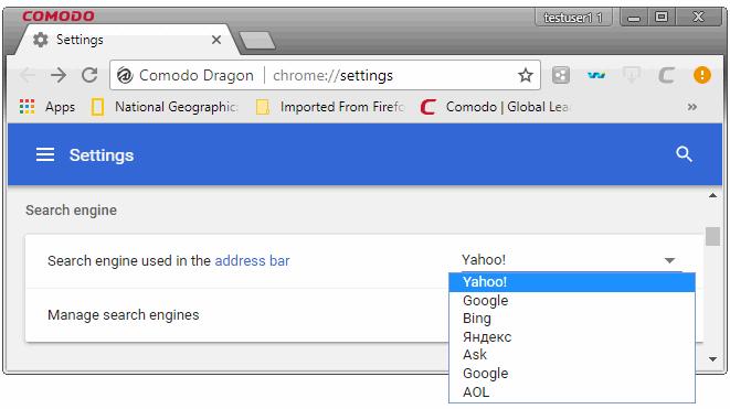 9.12. Manage Your Search Engines When you use a search engine, Comodo Dragon automatically recognizes it and adds to its list of usable engines.