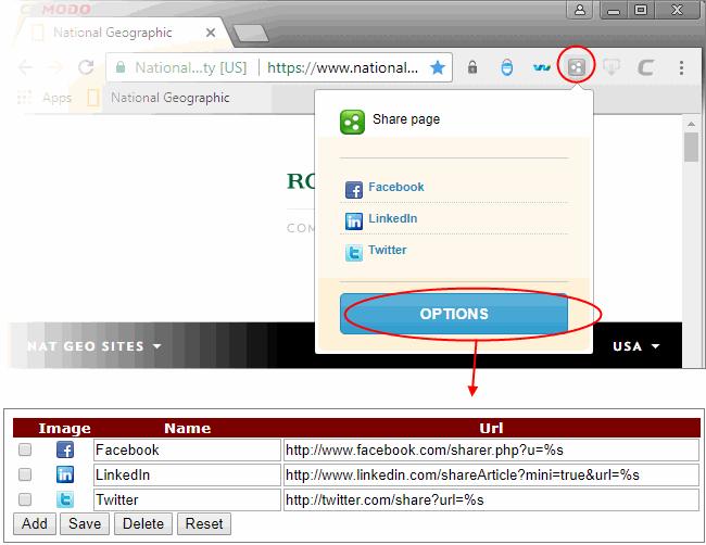 To modify the name and URL of existing social networks, directly edit the respective fields. To add a new network, click the 'Add' button and enter the name and URL of the service 'share' page.